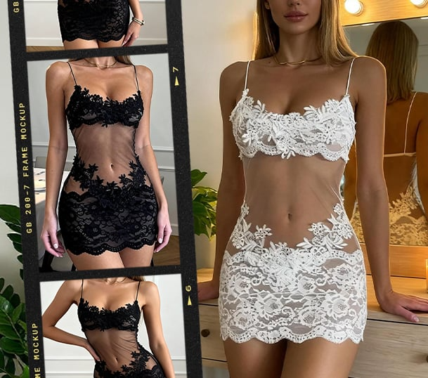 Women's Nightdress Black Lace Mesh Cotton Blend - 4