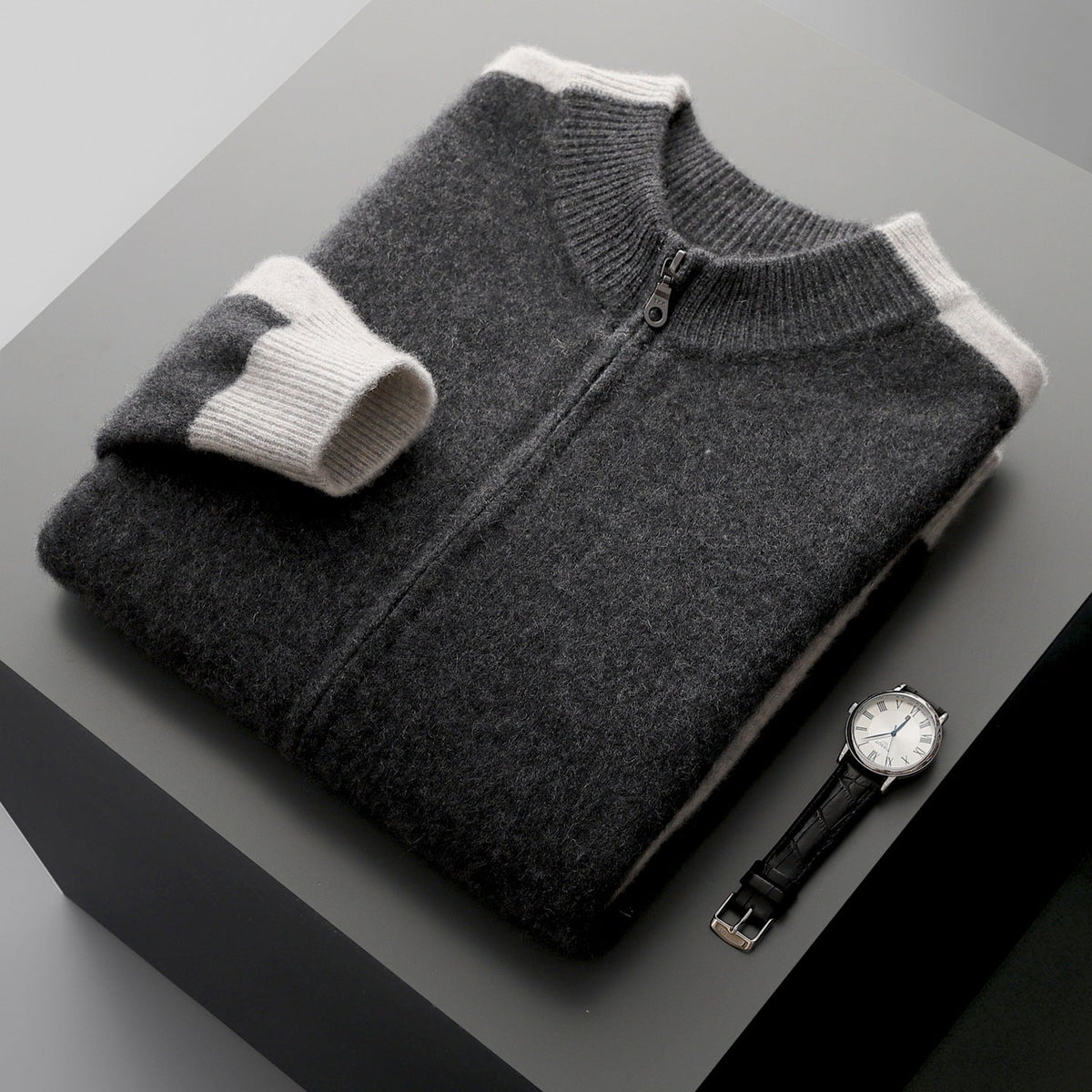 Men's Merino Wool Contrast Zip Cardigan in Gray - product view | Hensley London