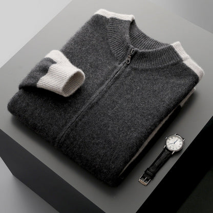 Men's Merino Wool Contrast Zip Cardigan in Gray - product view | Hensley London