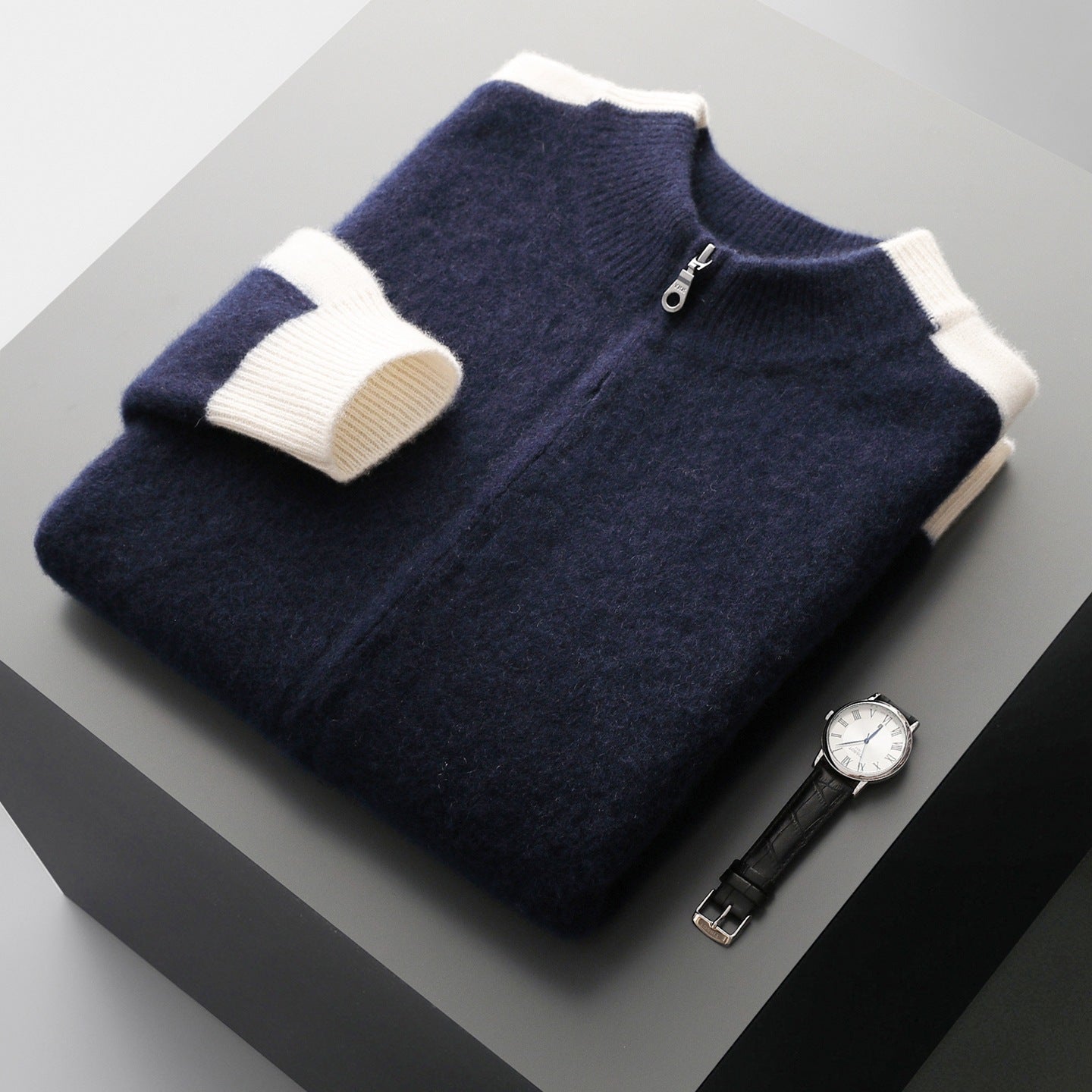 Men's Merino Wool Contrast Zip Cardigan in Navy - product view | Hensley London