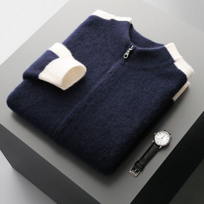 Men's Merino Wool Contrast Zip Cardigan in Navy - product view | Hensley London