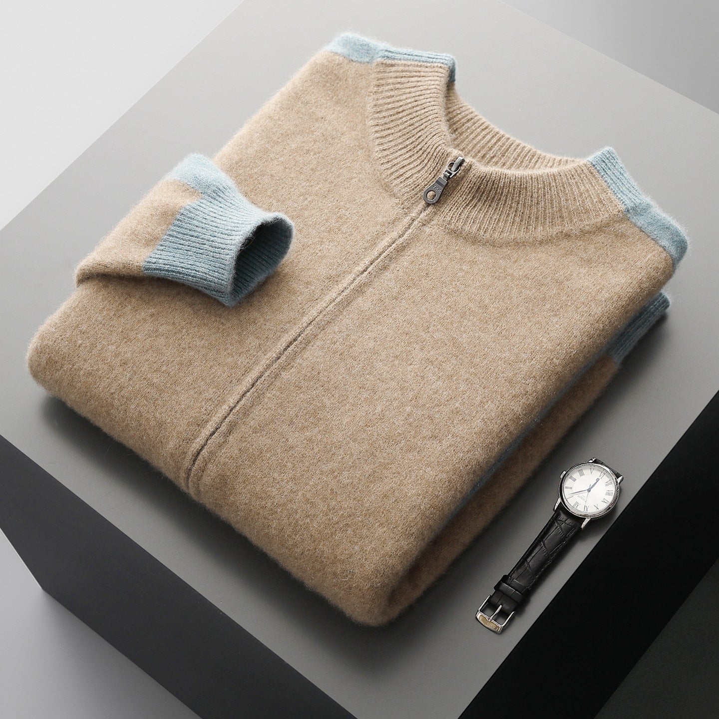 Men's Merino Wool Contrast Zip Cardigan in Khaki - product view | Hensley London