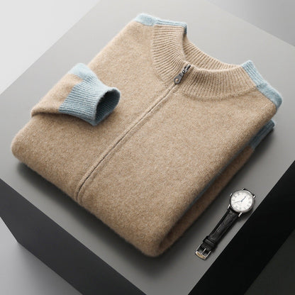 Men's Merino Wool Contrast Zip Cardigan in Khaki - product view | Hensley London