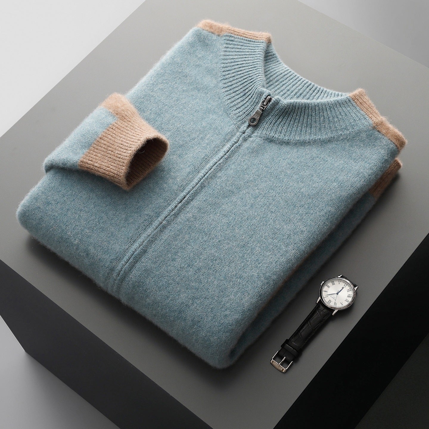 Men's Merino Wool Contrast Zip Cardigan in Light Blue - product view | Hensley London