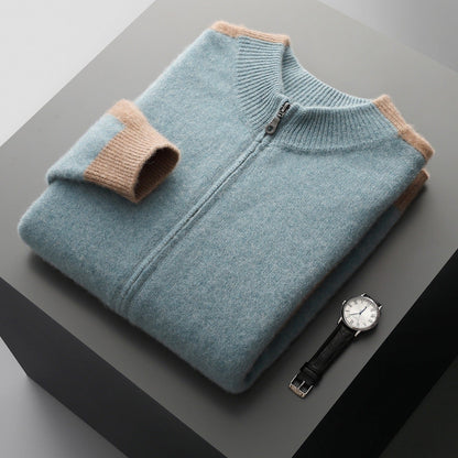 Men's Merino Wool Contrast Zip Cardigan in Light Blue - product view | Hensley London