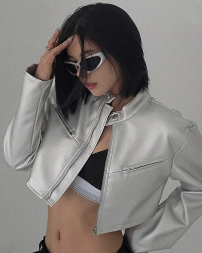 Sleek Women's Leather Jacket | Loose Fit, Stand Collar 1