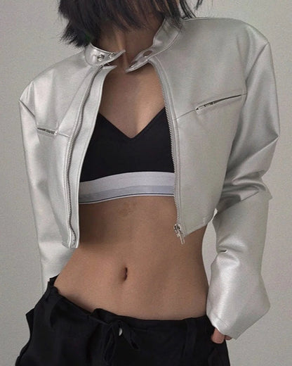 Sleek Women's Leather Jacket | Loose Fit, Stand Collar 2