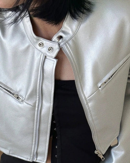 Sleek Women's Leather Jacket | Loose Fit, Stand Collar 4