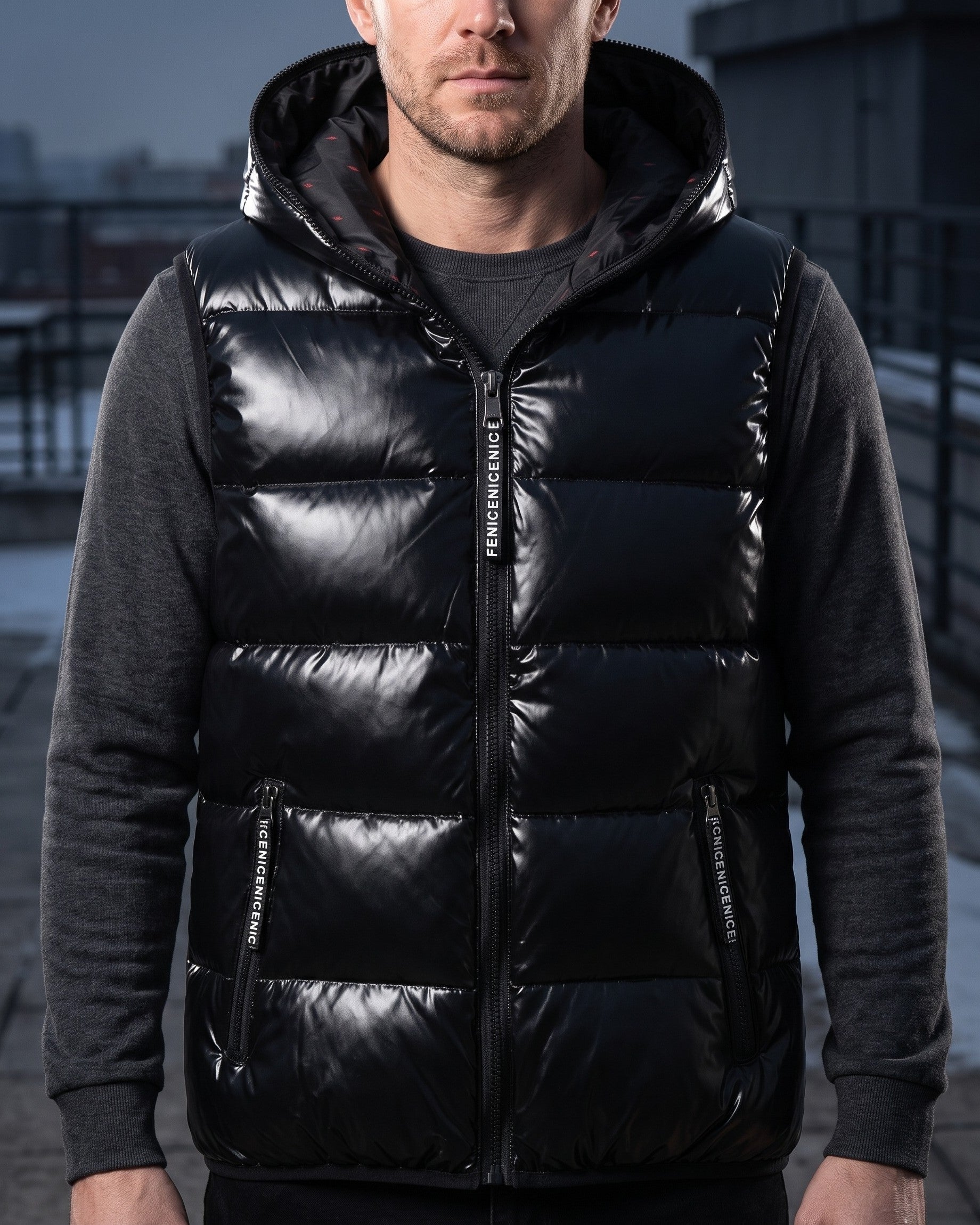 Men's Quilted Hooded Puffer Vest - styled view | Hensley London