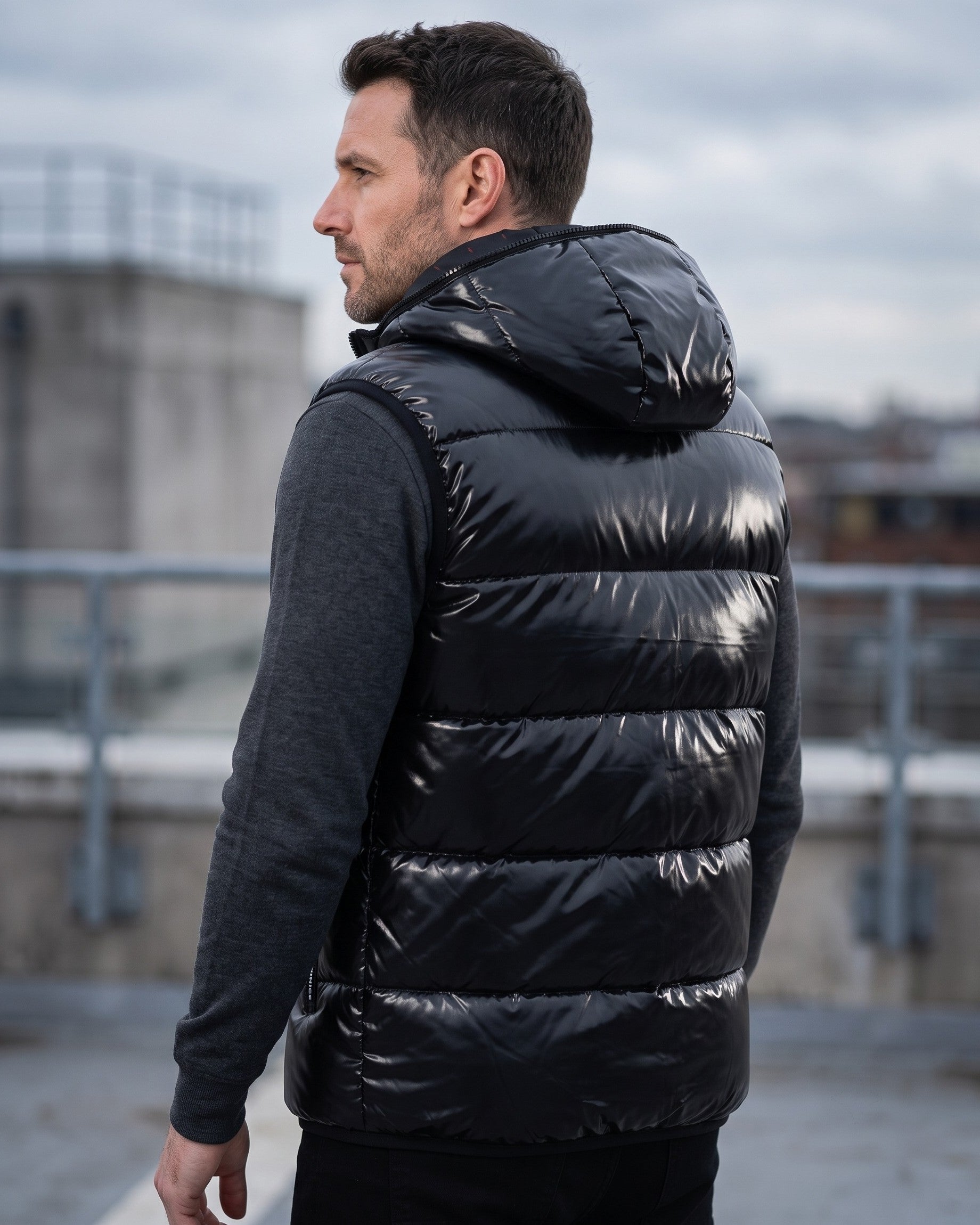 Men's Quilted Hooded Puffer Vest - lifestyle view | Hensley London