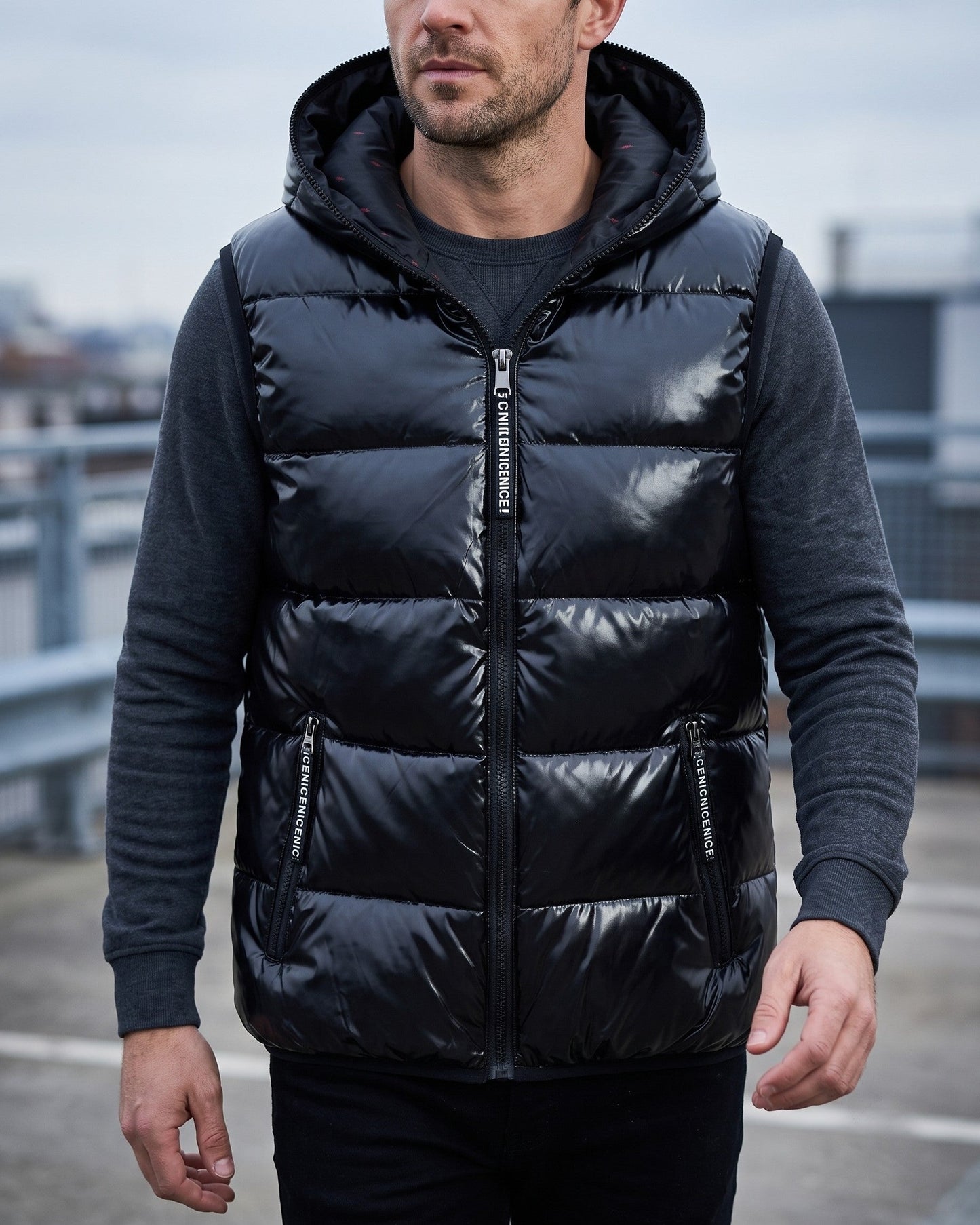 Men's Quilted Hooded Puffer Vest - studio view | Hensley London