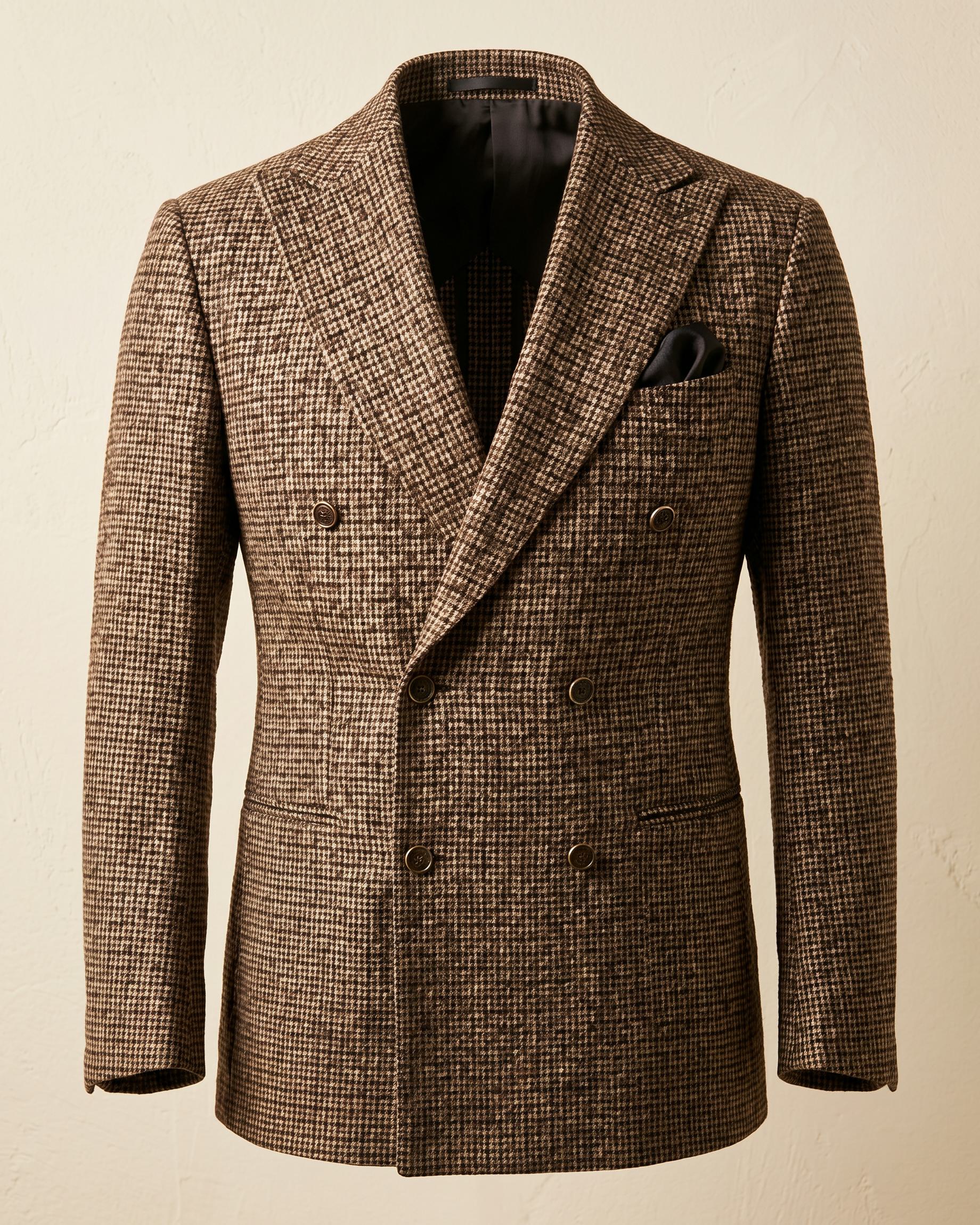 Men's Houndstooth Tweed Double-Breasted Blazer in Brown – front view | Hensley London