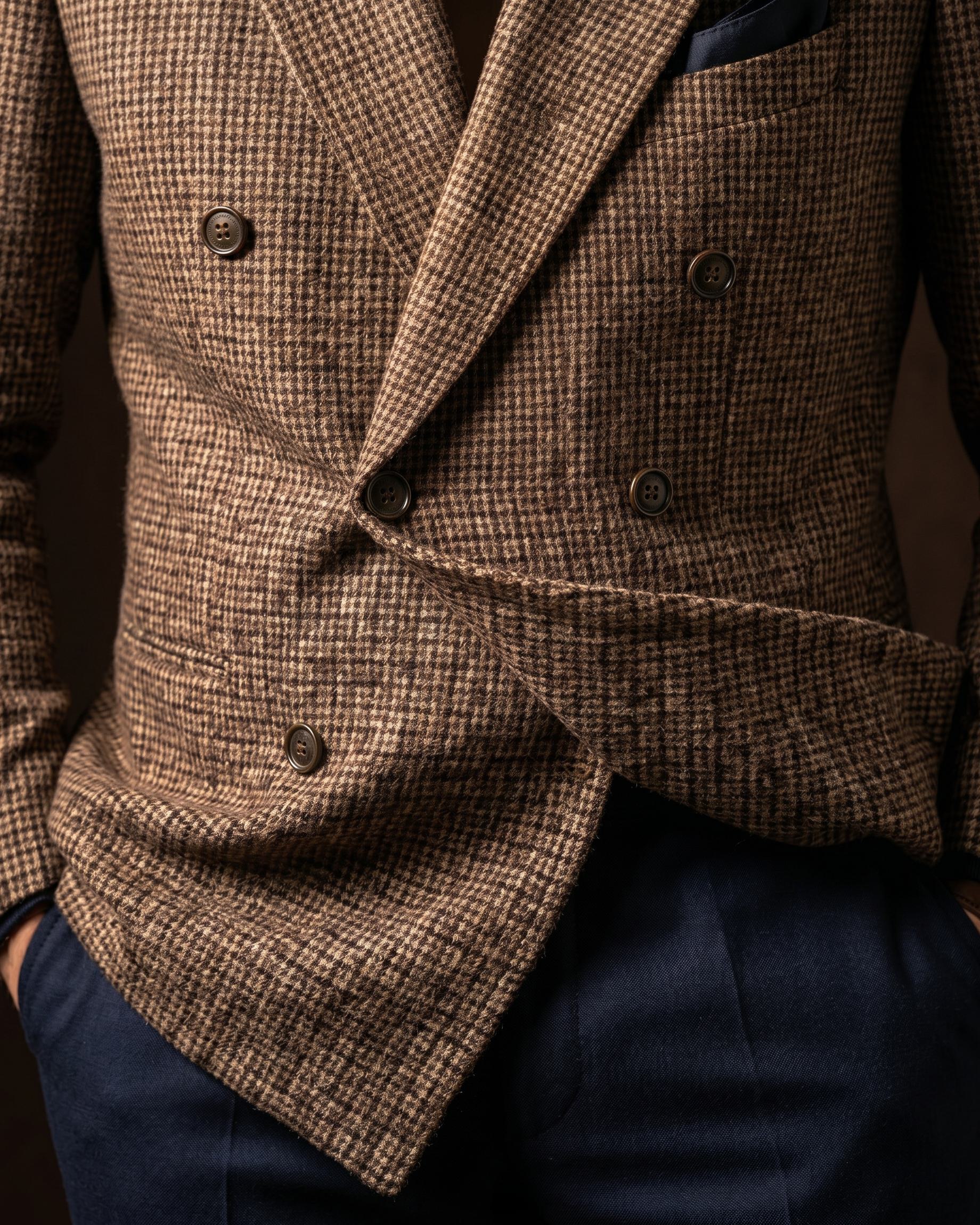 Men's Houndstooth Tweed Double-Breasted Blazer in Brown – detail view | Hensley London