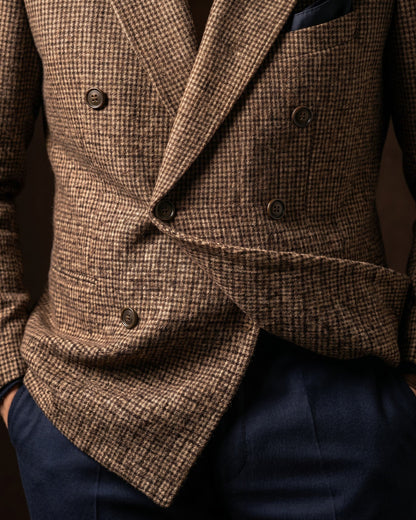 Men's Houndstooth Tweed Double-Breasted Blazer in Brown – detail view | Hensley London