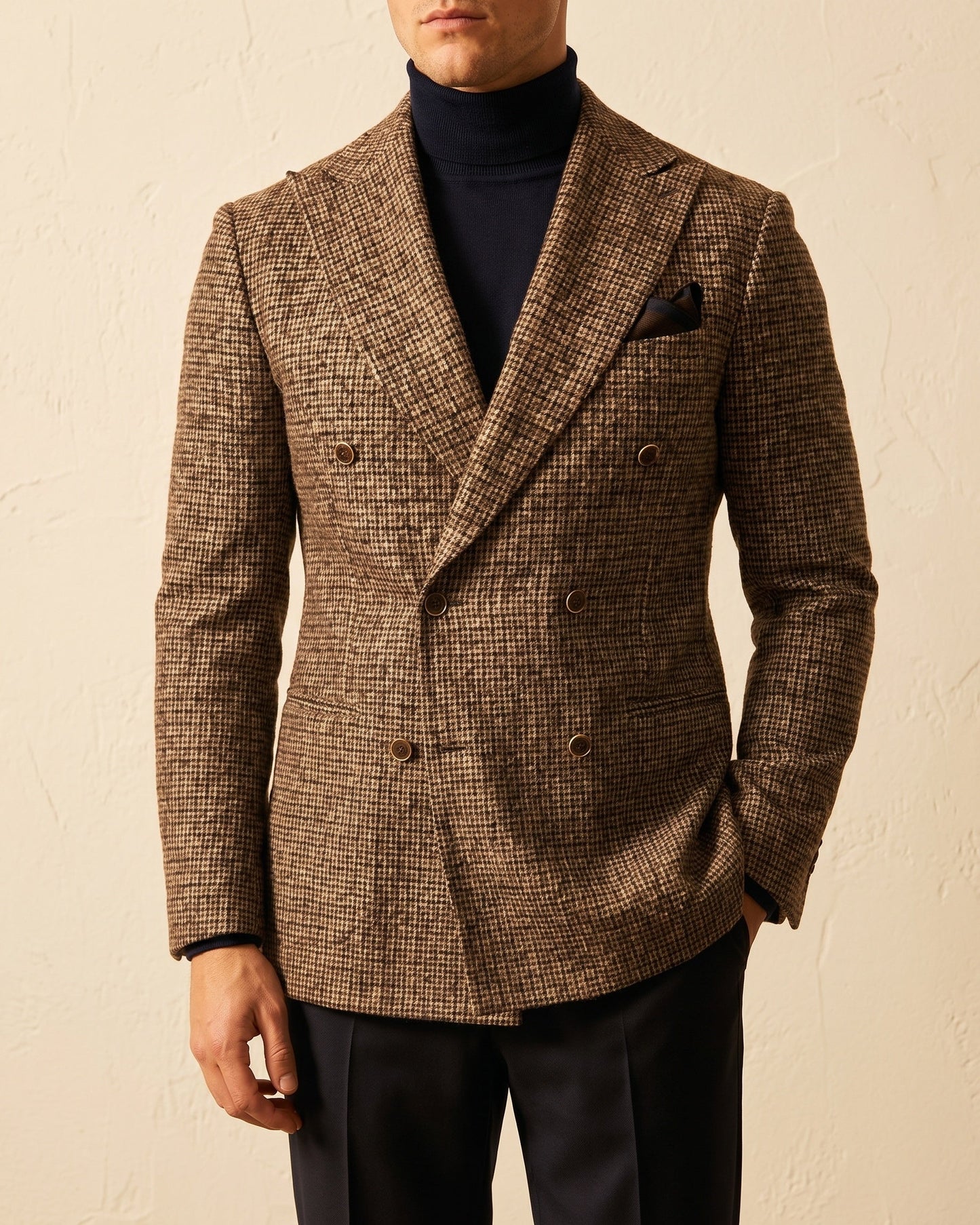 Men's Houndstooth Tweed Double-Breasted Blazer in Grey – side view | Hensley London