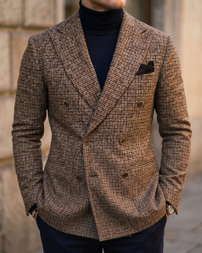 Men's Houndstooth Tweed Double-Breasted Blazer in Brown – button detail | Hensley London