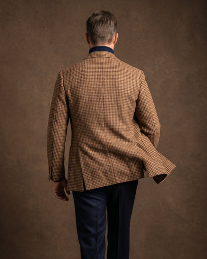 Men's Houndstooth Tweed Double-Breasted Blazer in Grey – back view | Hensley London