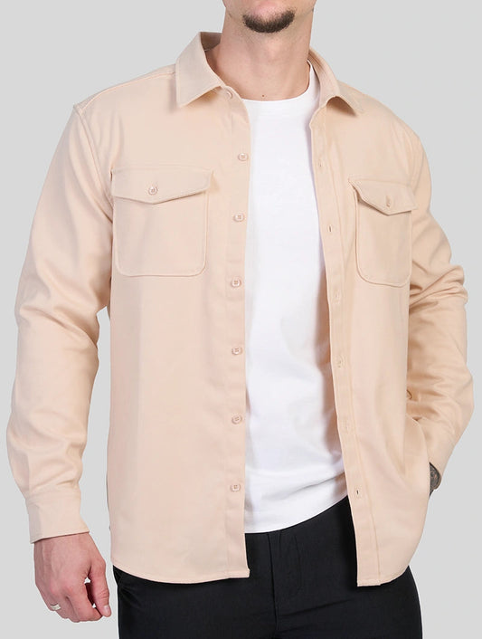 Men's Premium Cotton Blend Overshirt in Khaki – front view | Hensley London