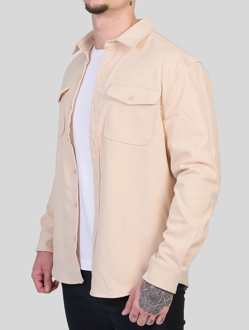 Men's Premium Cotton Blend Overshirt in Khaki – back view | Hensley London