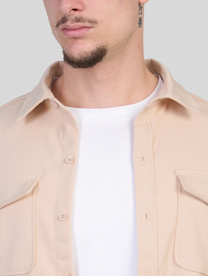 Men's Premium Cotton Blend Overshirt in Khaki – detail view | Hensley London