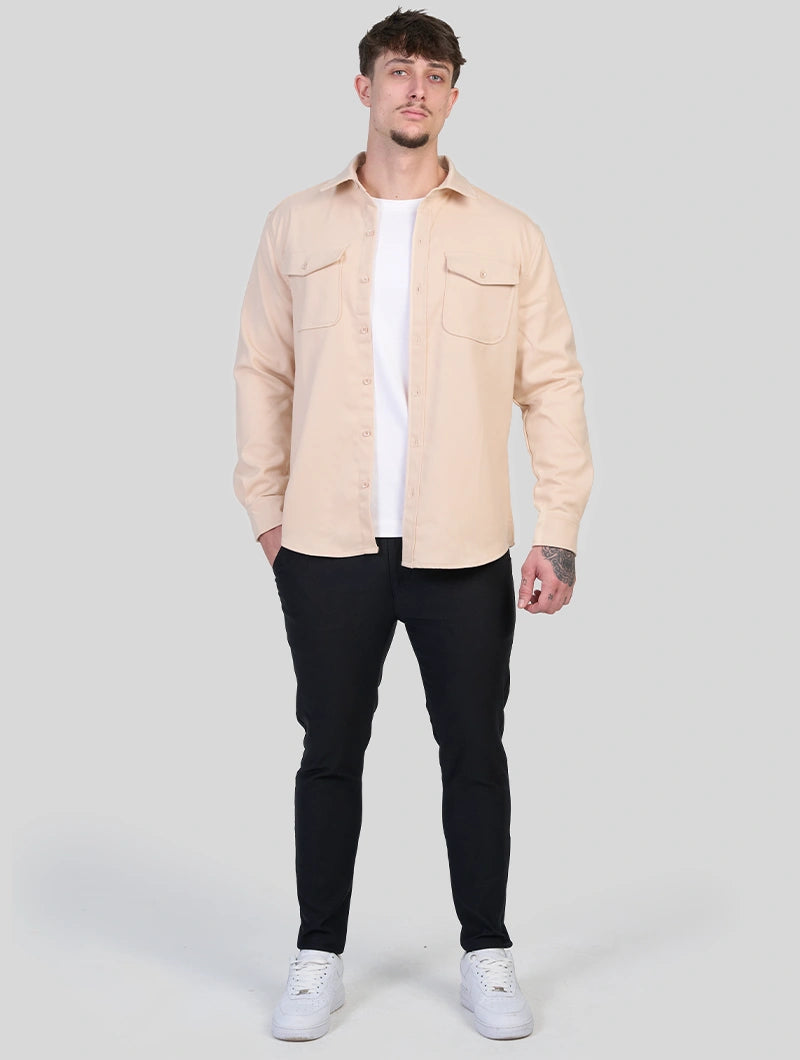 Men's Premium Cotton Blend Overshirt in Khaki – close-up view | Hensley London