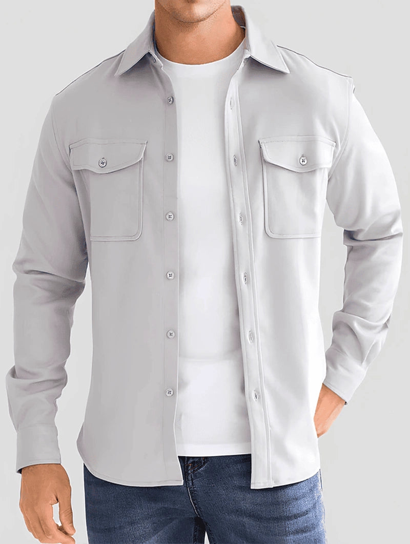 Men's Premium Cotton Blend Overshirt in Light Grey – front view | Hensley London