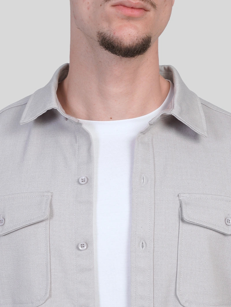 Men's Premium Cotton Blend Overshirt in Light Grey – side view | Hensley London