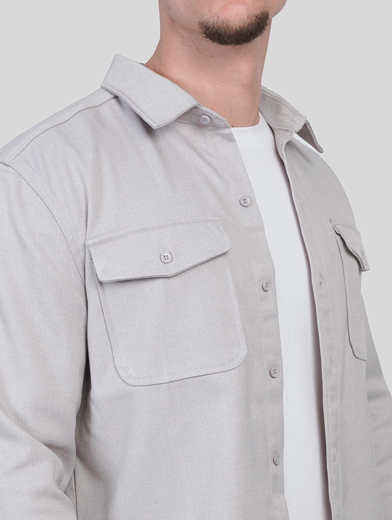 Men's Premium Cotton Blend Overshirt in Light Grey – styled view | Hensley London