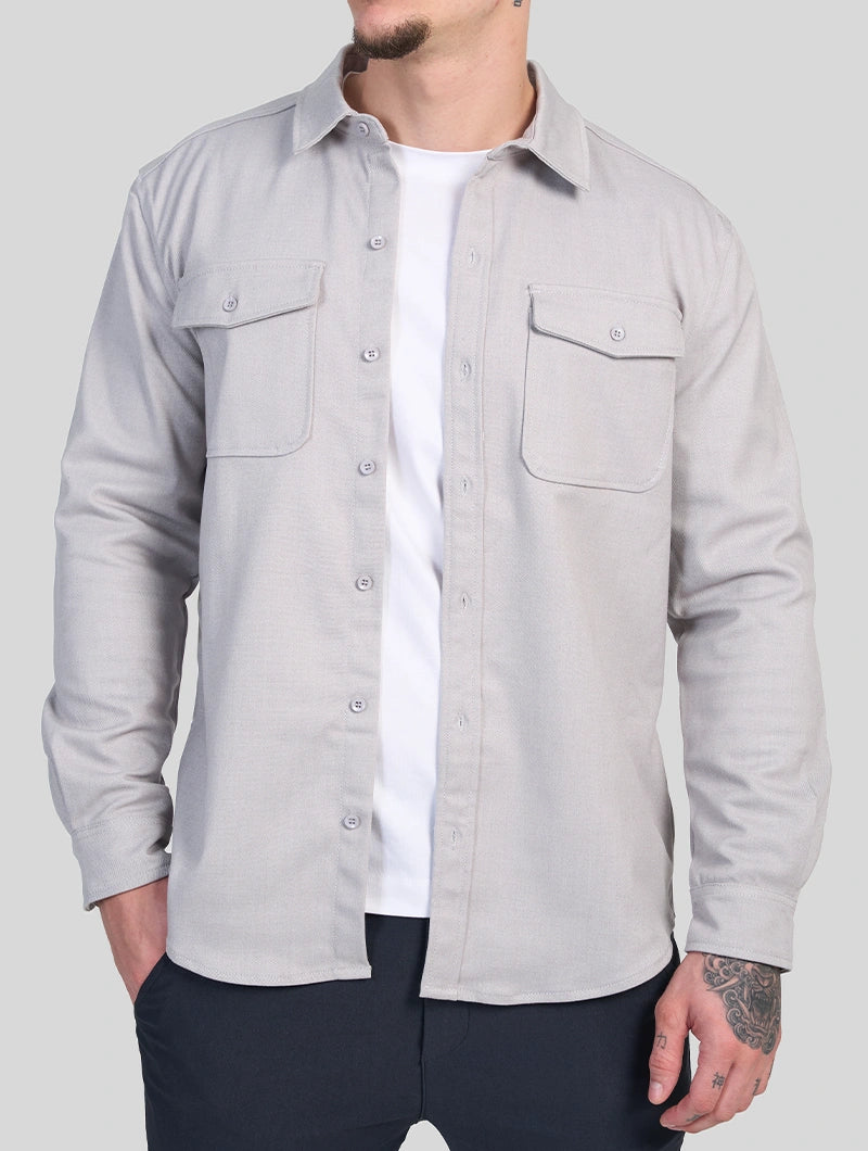 Men's Premium Cotton Blend Overshirt in Light Grey – close-up view | Hensley London