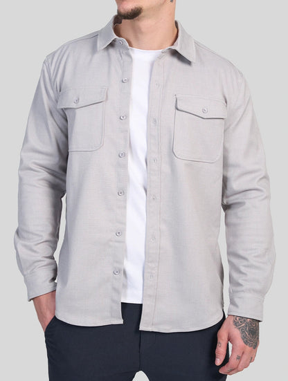 Men's Premium Cotton Blend Overshirt in Light Grey – close-up view | Hensley London