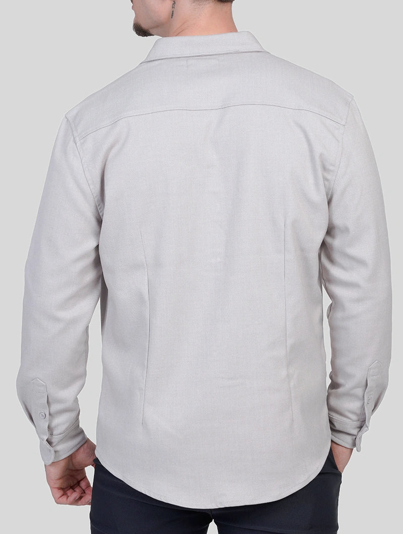 Men's Premium Cotton Blend Overshirt in Light Grey – fabric detail | Hensley London