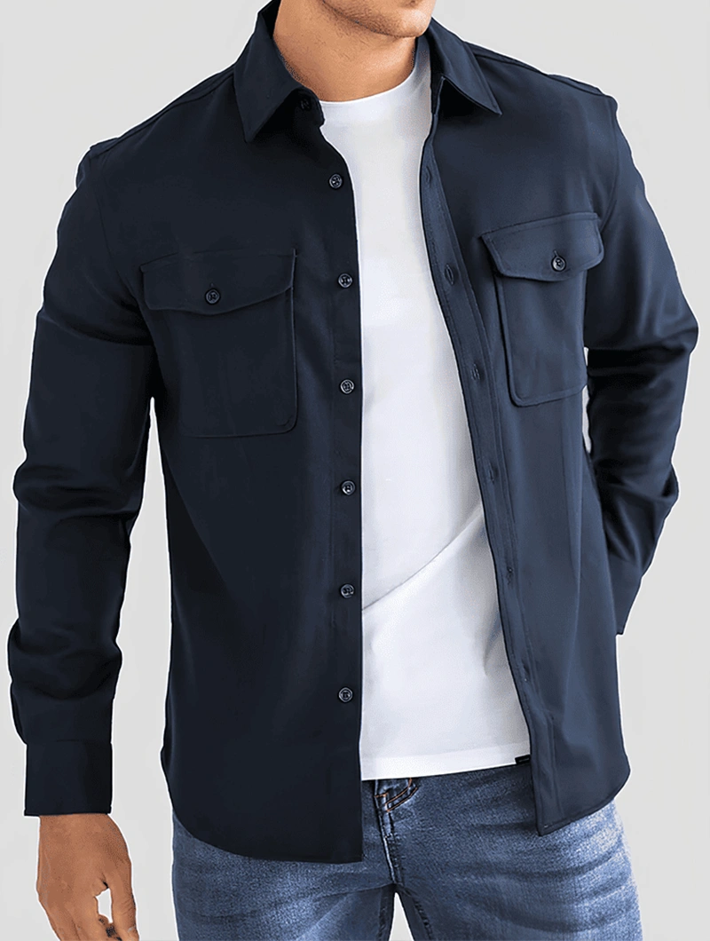 Men's Premium Cotton Blend Overshirt in Navy Blue – front view | Hensley London