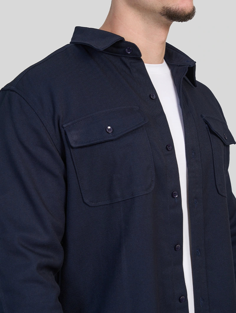 Men's Premium Cotton Blend Overshirt in Navy Blue – side view | Hensley London