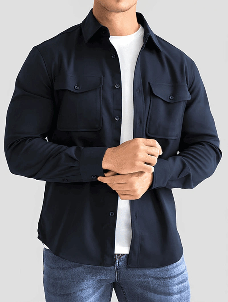 Men's Premium Cotton Blend Overshirt in Navy Blue – back view | Hensley London