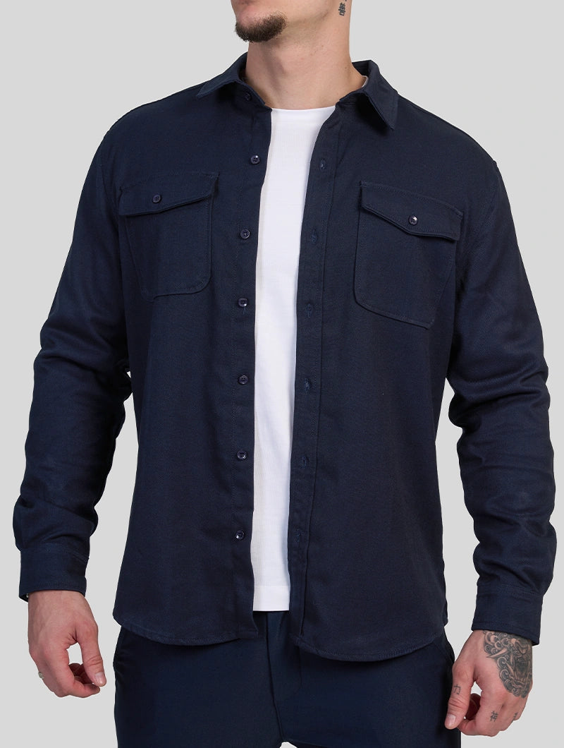 Men's Premium Cotton Blend Overshirt in Navy Blue – styled view | Hensley London