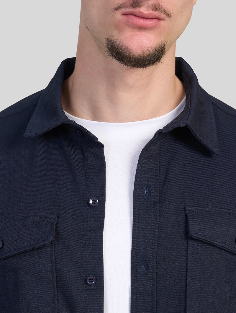 Men's Premium Cotton Blend Overshirt in Navy Blue – close-up view | Hensley London