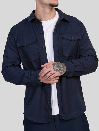 Men's Premium Cotton Blend Overshirt in Navy Blue – fabric detail | Hensley London