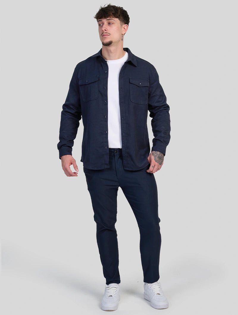 Men's Premium Cotton Blend Overshirt in Navy Blue – full look | Hensley London