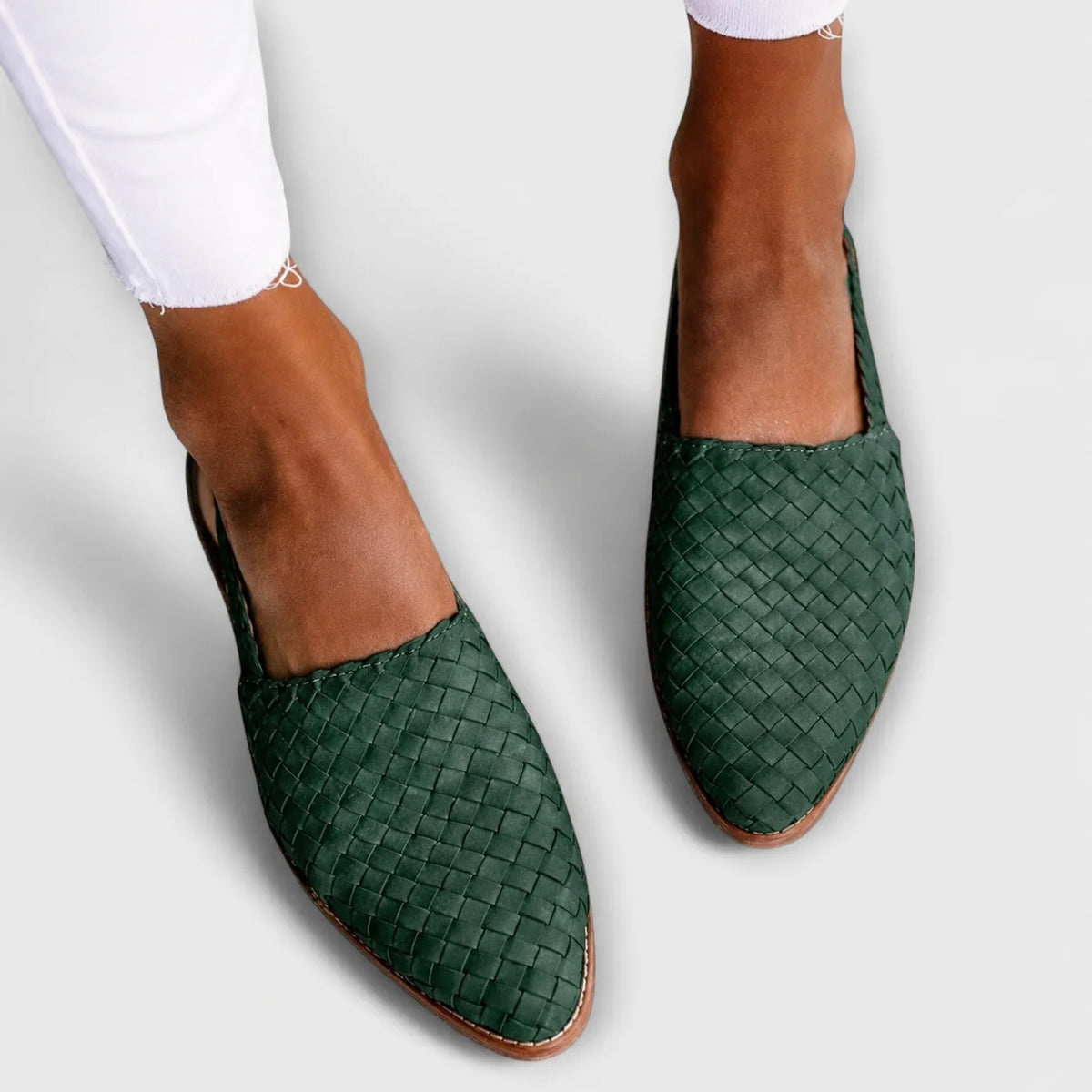 Women's Woven Loafer Flats in Green – product view | Hensley London
