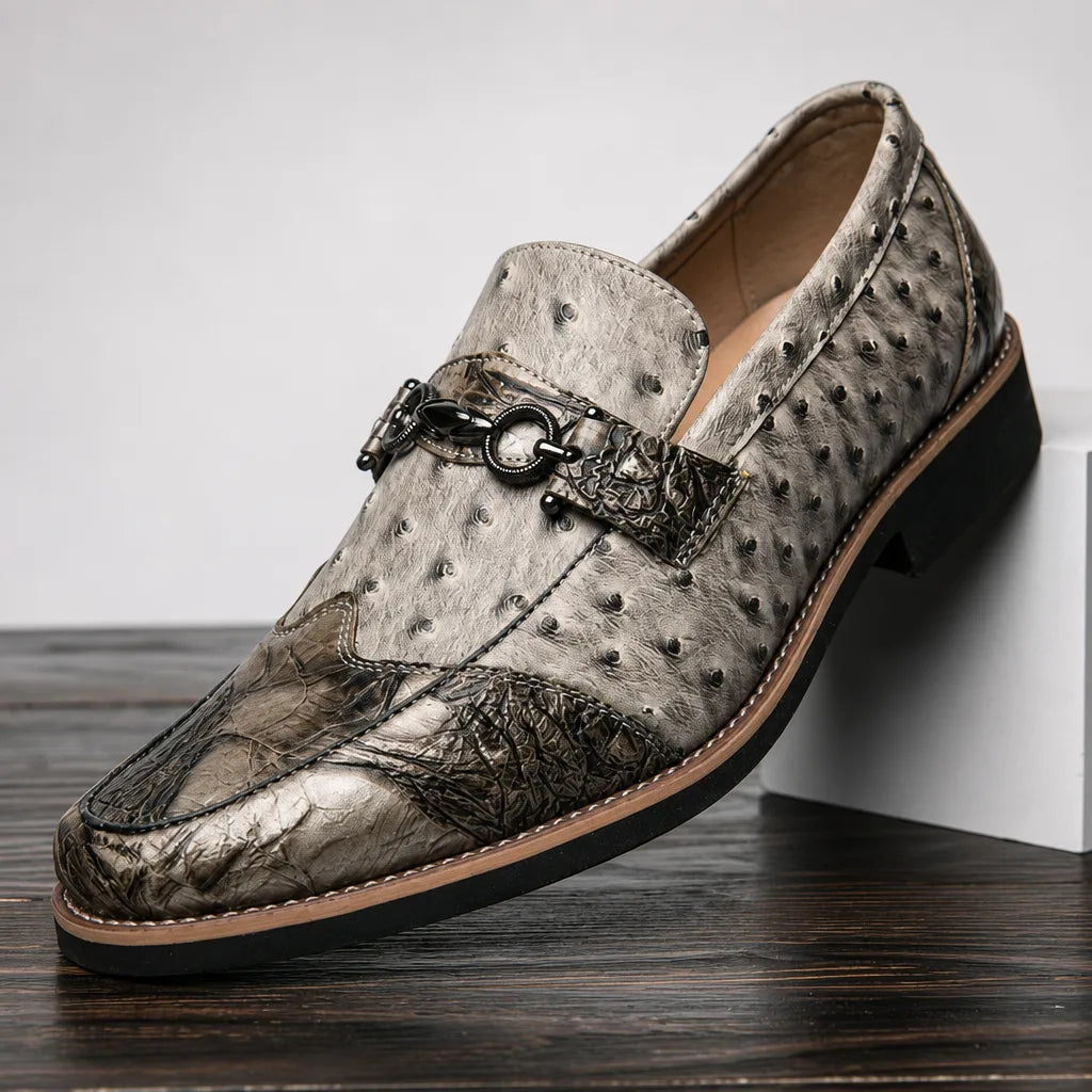 Men's Textured Pointed-Toe Loafers in Beige Gold – front view | Hensley London