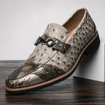 Men's Textured Pointed-Toe Loafers in Beige Gold – front view | Hensley London