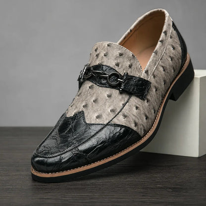 Men's Textured Pointed-Toe Loafers in Beige Gold – side view | Hensley London