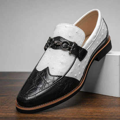 Men's Textured Pointed-Toe Loafers in Black Beige – front view | Hensley London