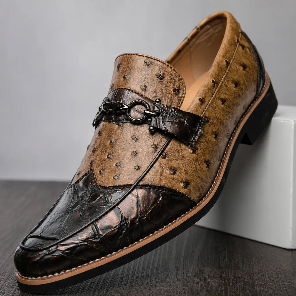 Men's Textured Pointed-Toe Loafers in Black Beige – side view | Hensley London
