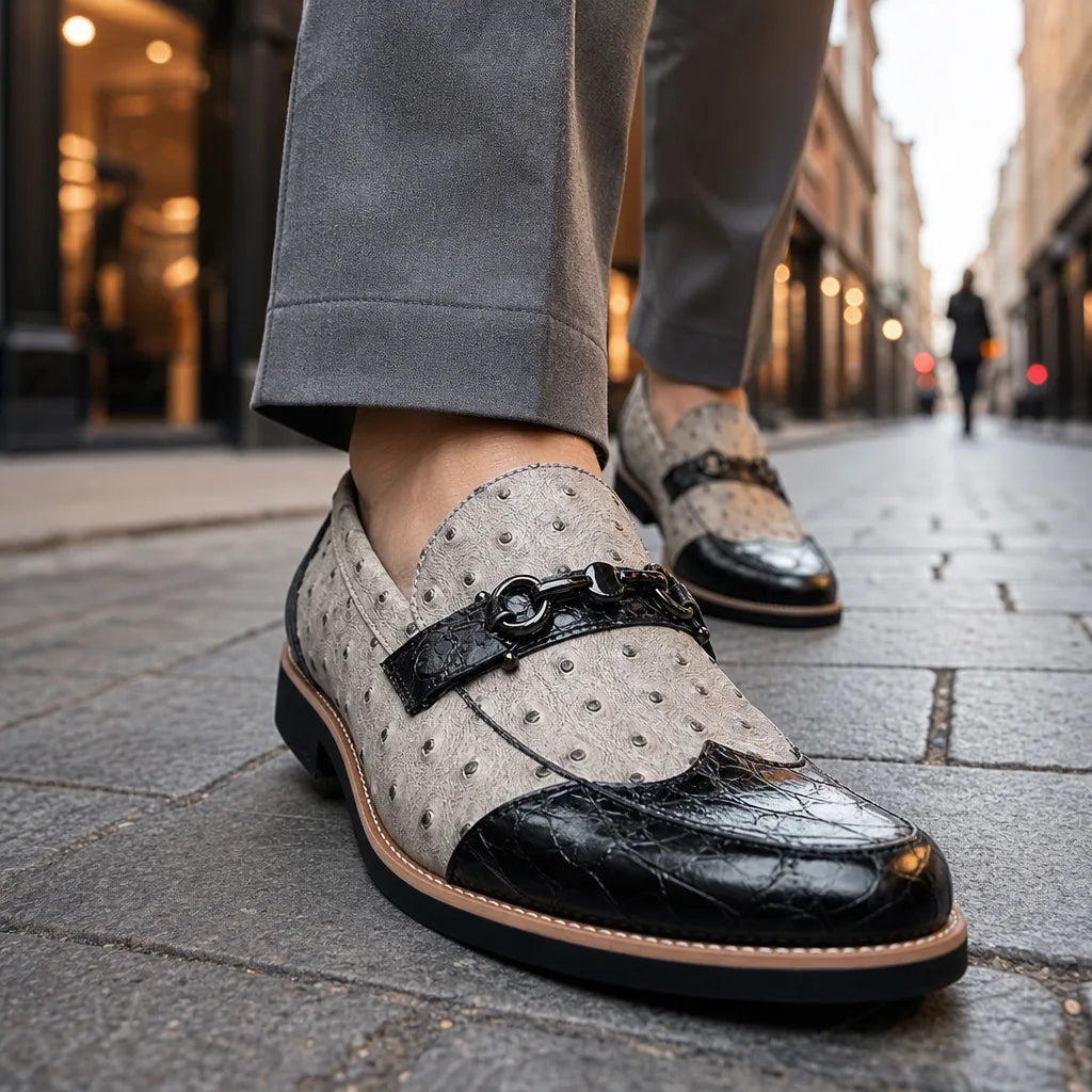 Men's Textured Pointed-Toe Loafers in Black White – side view | Hensley London