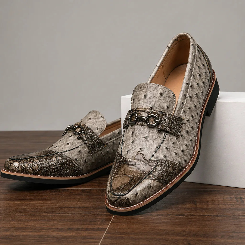 Men's Textured Pointed-Toe Loafers metal bar and heel detail | Hensley London