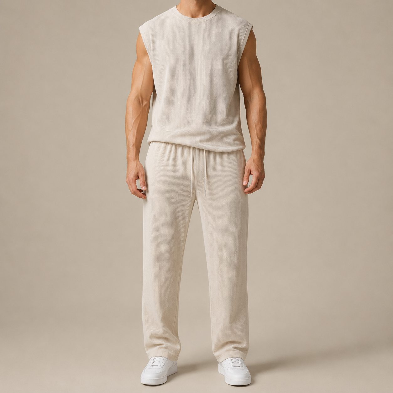 Women's Rib-Knit Sleeveless Top & Wide-Leg Pants Set – front view | Hensley London