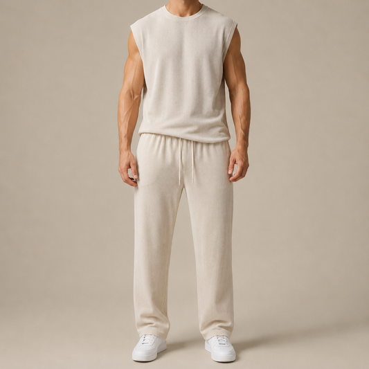 Women's Rib-Knit Sleeveless Top & Wide-Leg Pants Set – front view | Hensley London