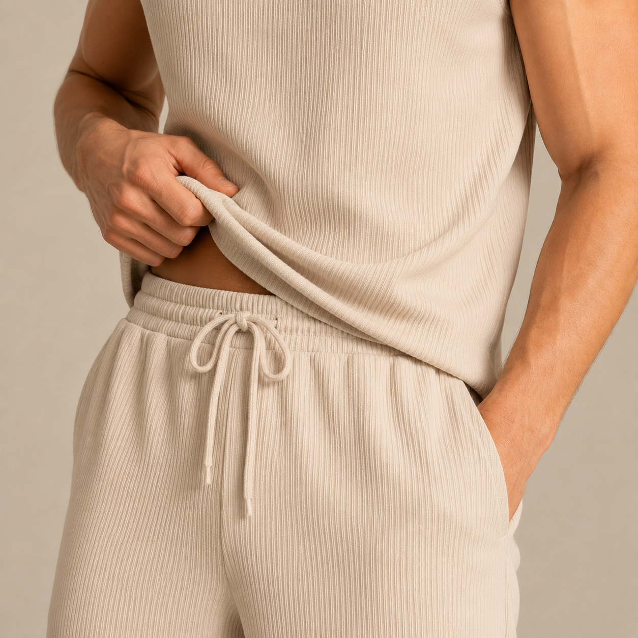 Women's Rib-Knit Sleeveless Top & Wide-Leg Pants Set – angled view | Hensley London