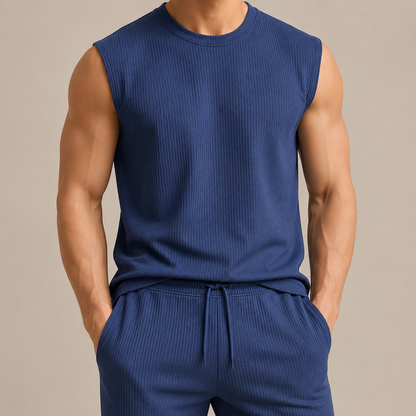 Women's Rib-Knit Sleeveless Top & Wide-Leg Pants Set – styled view | Hensley London